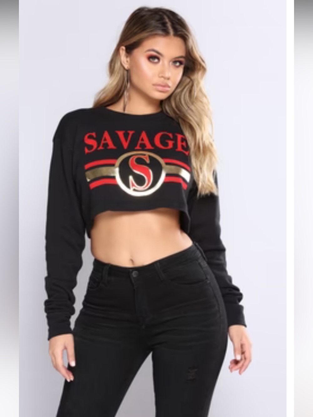 Savage Graphic Black/Red/Gold Long Sleeve Crop Top, Small